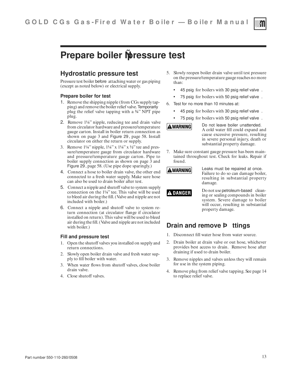 Weil-McLain 550-110-260/0508 manual 2b Prepare boiler pressure test, Hydrostatic pressure test, Drain and remove ﬁttings 