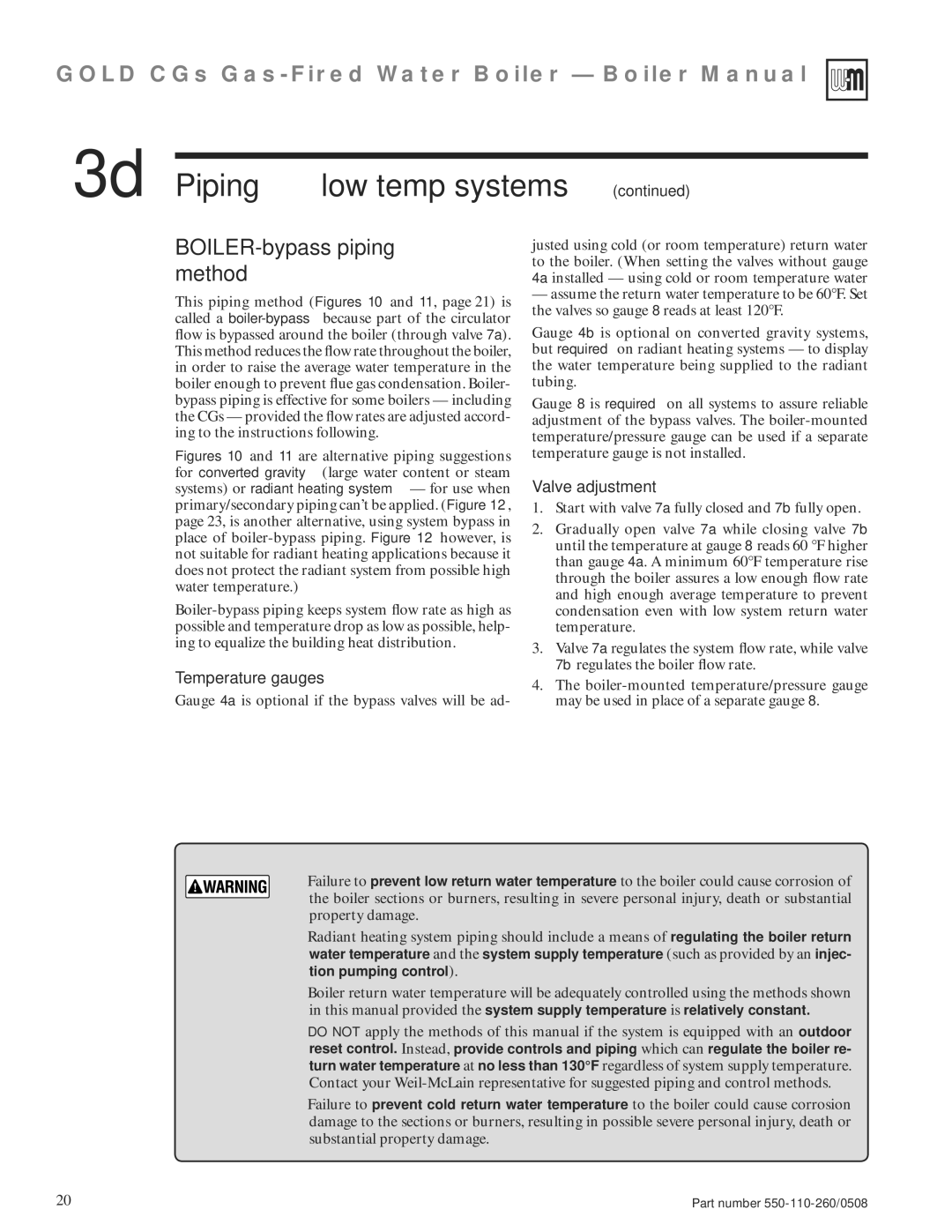 Weil-McLain 550-110-260/0508 manual BOILER-bypass piping method, Valve adjustment 