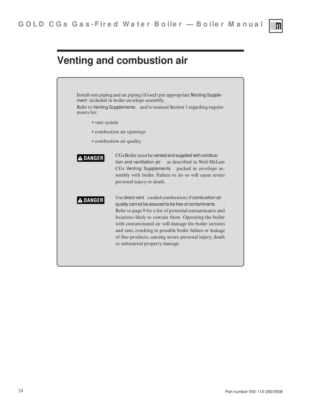 Weil-McLain 550-110-260/0508 manual Venting and combustion air, Use direct vent sealed combustion if combustion air 