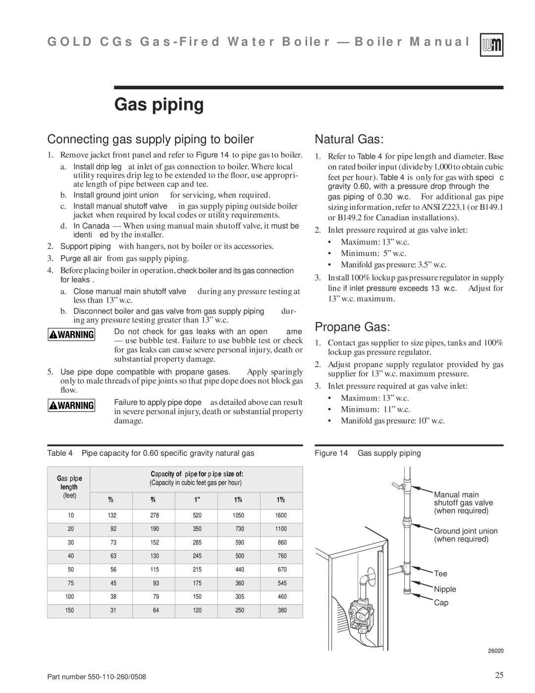 Weil-McLain 550-110-260/0508 manual Gas piping, Connecting gas supply piping to boiler, Natural Gas, Propane Gas 