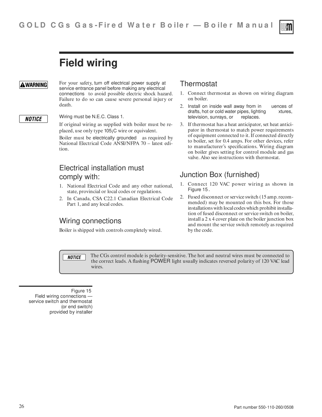 Weil-McLain 550-110-260/0508 manual Field wiring, Thermostat, Electrical installation must comply with, Wiring connections 