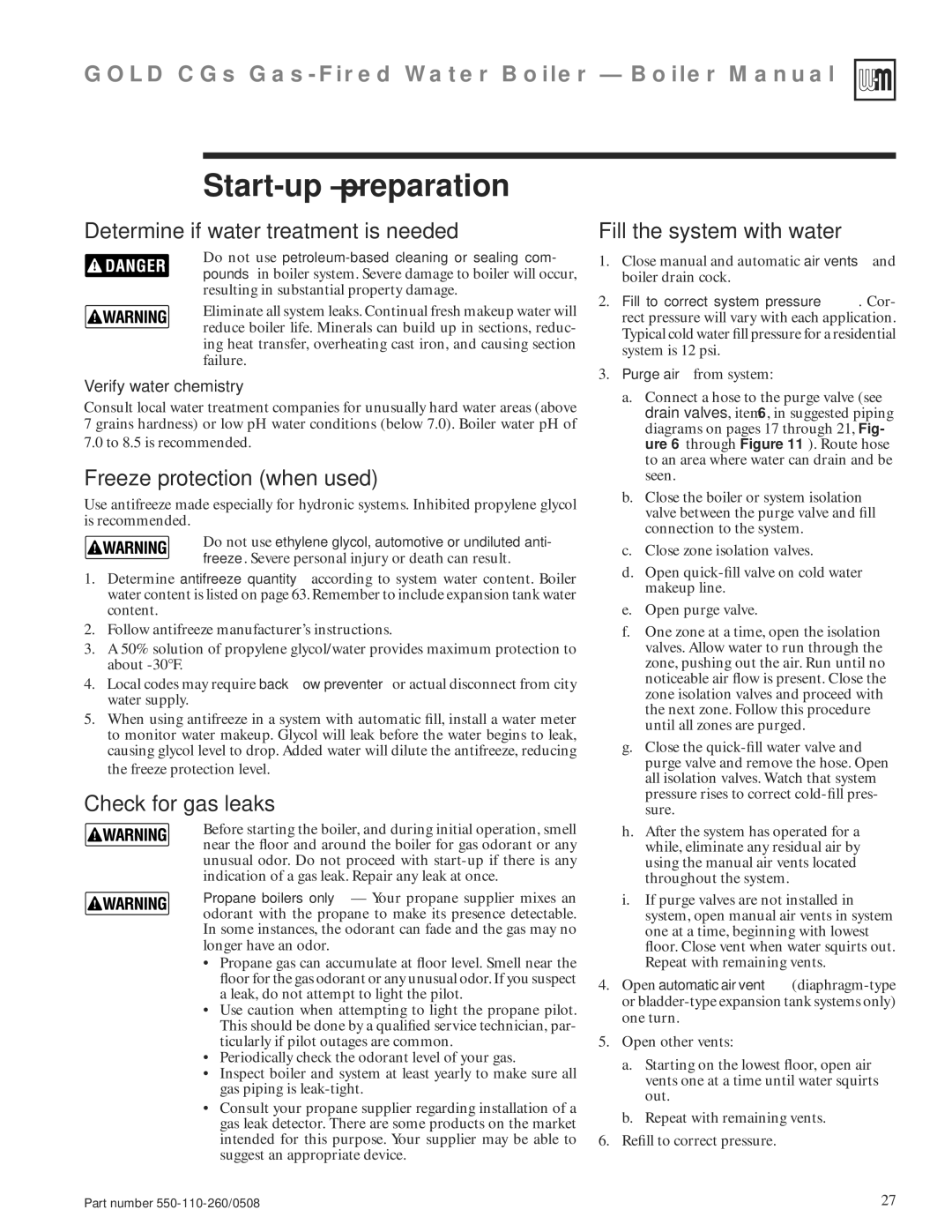 Weil-McLain 550-110-260/0508 manual 7a Start-up preparation, Freeze protection when used, Check for gas leaks 