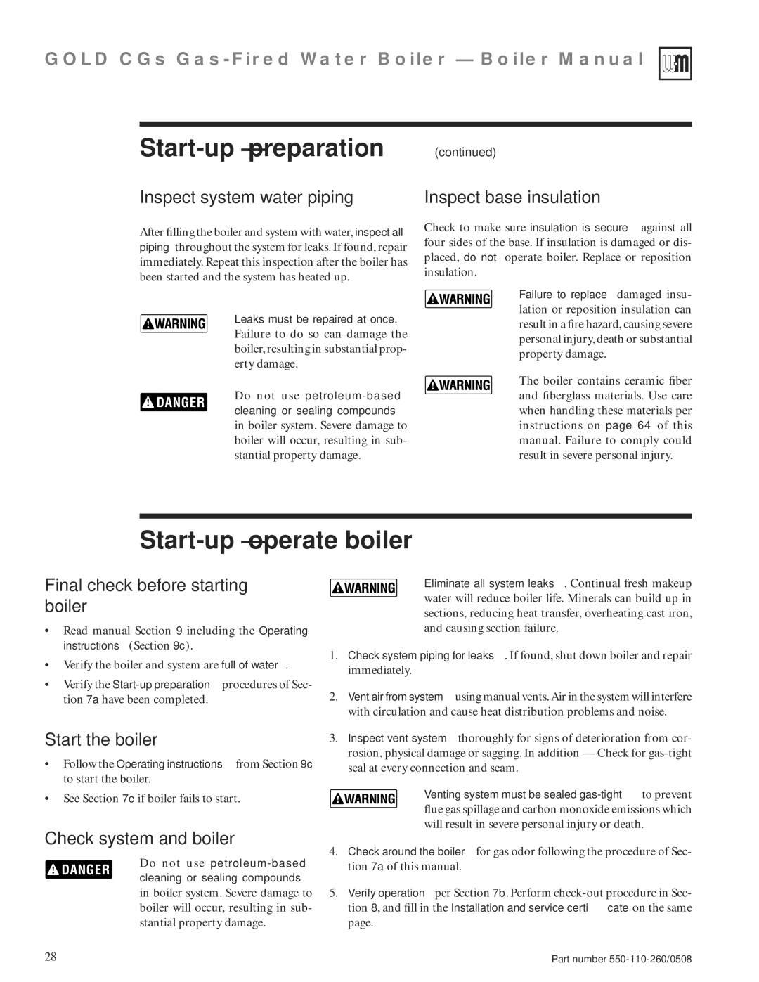 Weil-McLain 550-110-260/0508 manual 7b Start-up operate boiler, Inspect system water piping Inspect base insulation 