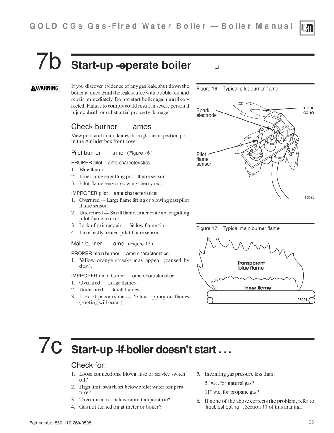 Weil-McLain 550-110-260/0508 7c Start-up if boiler doesn’t start, Check burner ﬂames, Check for, Pilot burner ﬂame Figure 