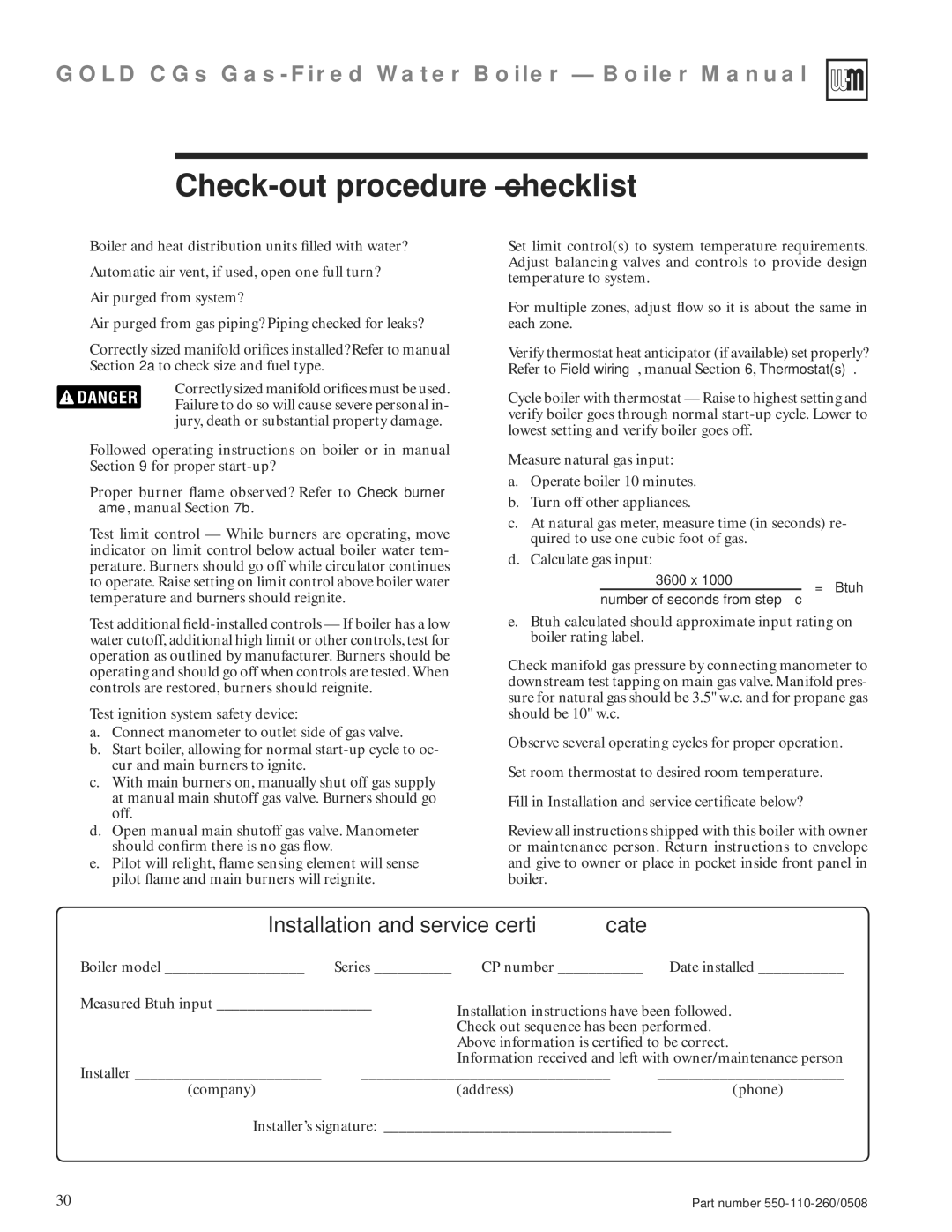 Weil-McLain 550-110-260/0508 manual Check-out procedure checklist, Installation and service certiﬁcate 