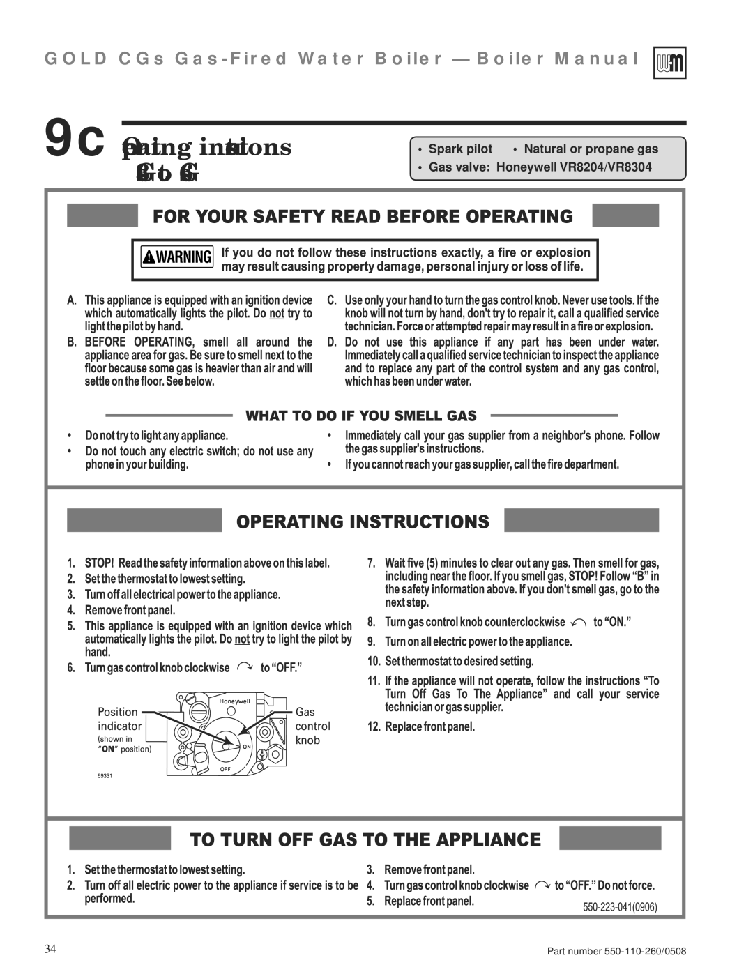 Weil-McLain 550-110-260/0508 manual 9c Operating instructions CGs-3 to CGs-6 