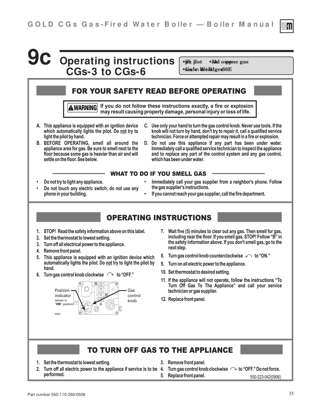 Weil-McLain 550-110-260/0508 manual 9c Operating instructions CGs-3 to CGs-6 