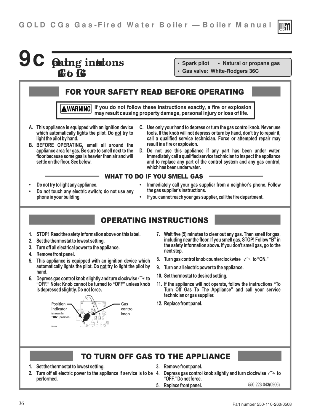 Weil-McLain 550-110-260/0508 manual 9c Operating instructions CGs-3 to CGi-6 