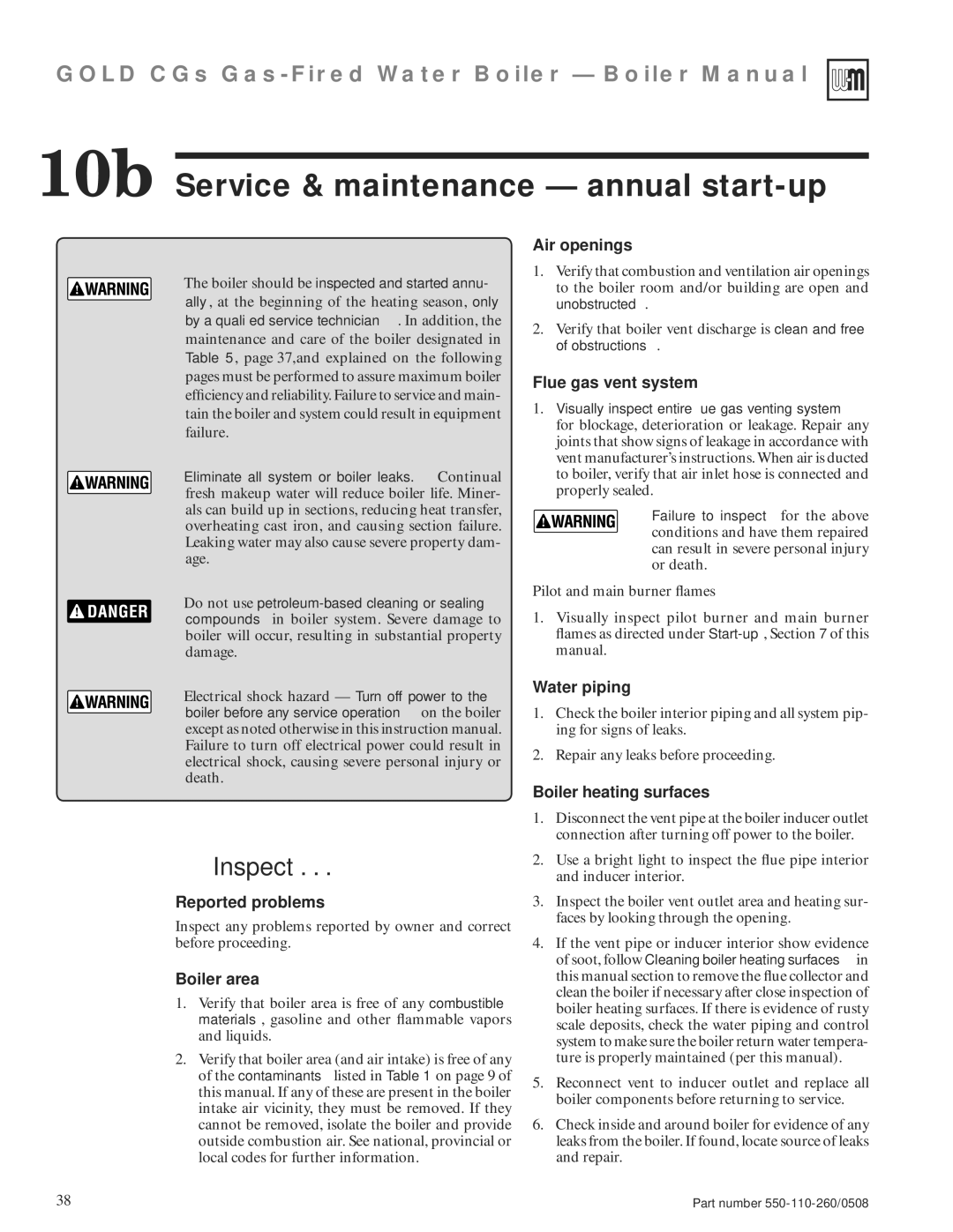 Weil-McLain 550-110-260/0508 manual 10b Service & maintenance annual start-up 