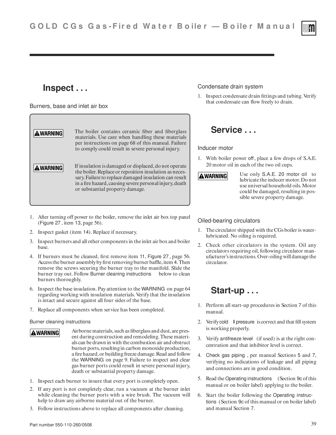 Weil-McLain 550-110-260/0508 manual Condensate drain system Burners, base and inlet air box, Inducer motor 
