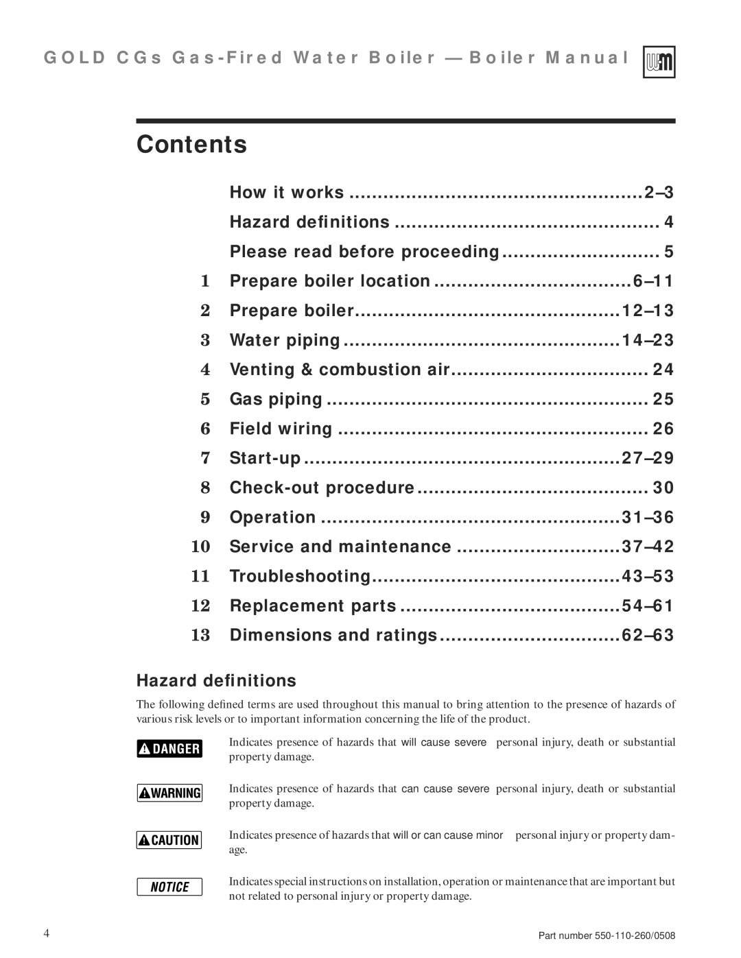 Weil-McLain 550-110-260/0508 manual Contents 