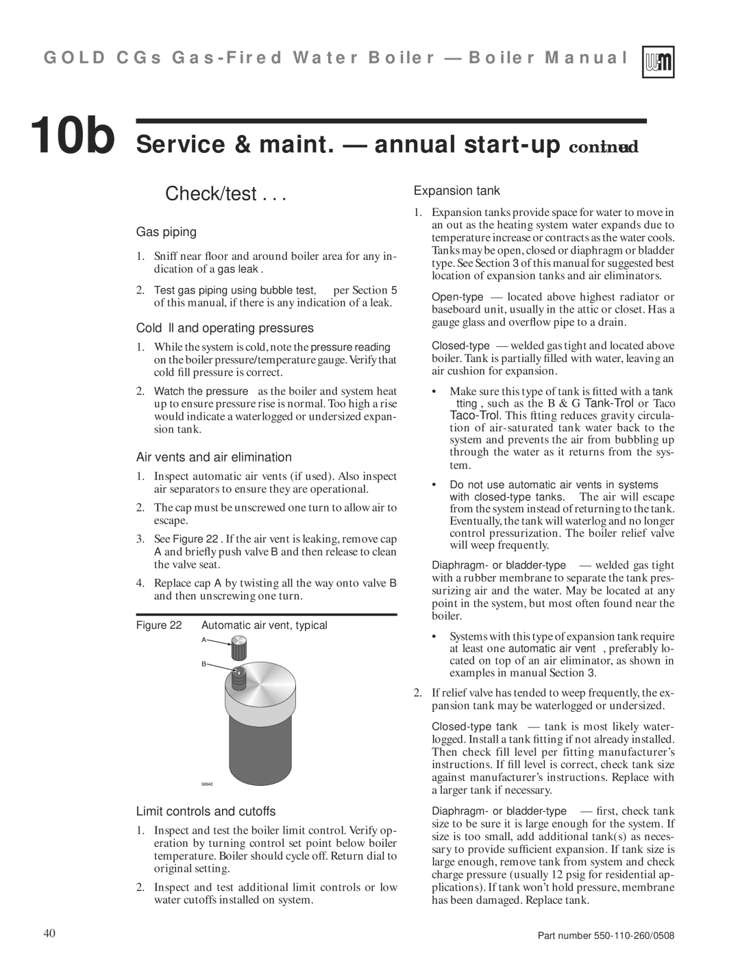 Weil-McLain 550-110-260/0508 manual 10b Service & maint. annual start-up 