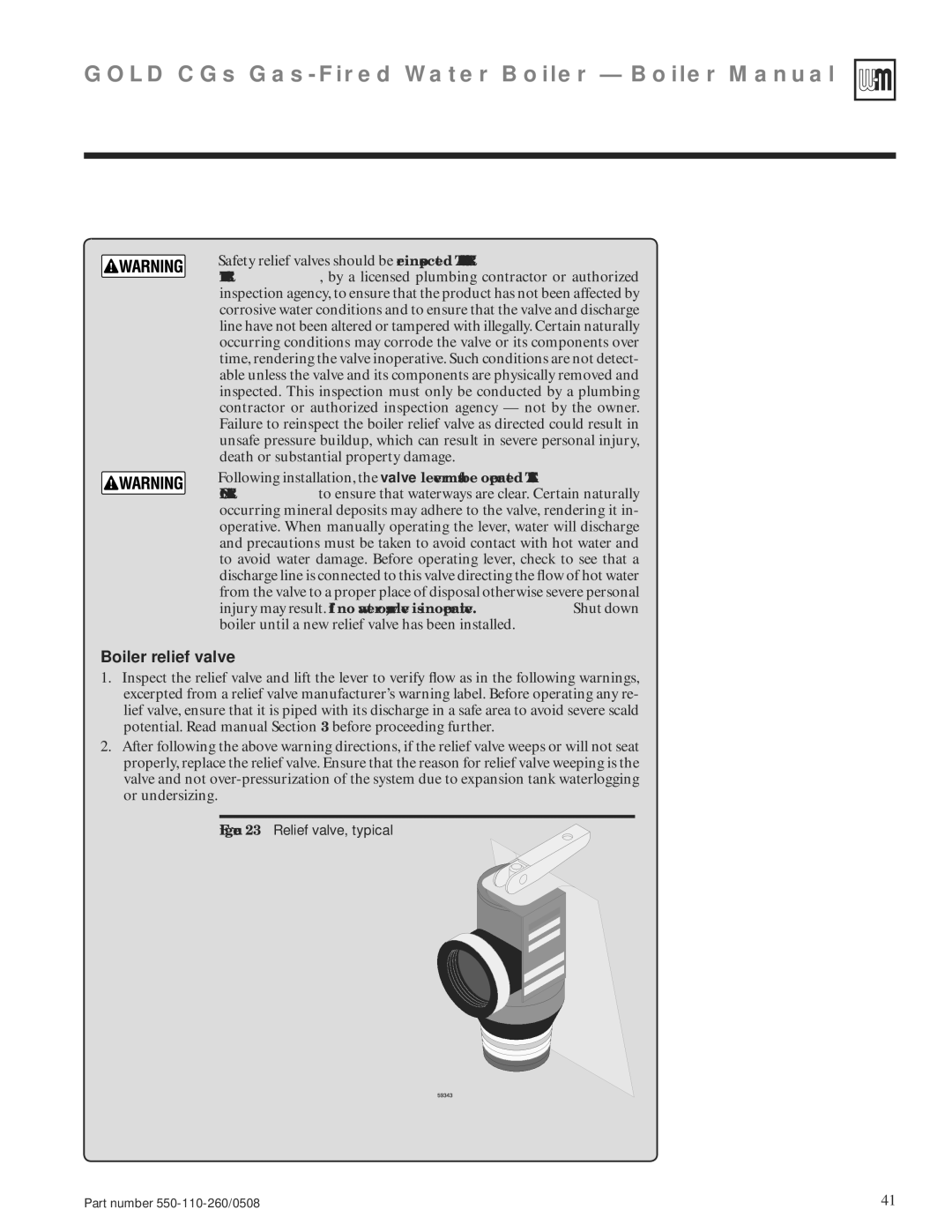 Weil-McLain 550-110-260/0508 manual Boiler relief valve, Relief valve, typical 