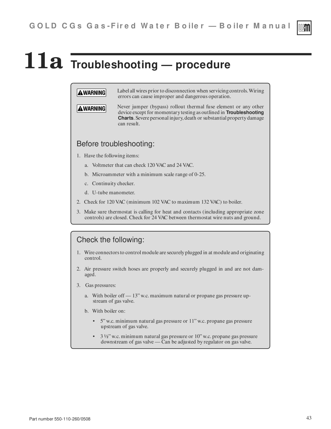 Weil-McLain 550-110-260/0508 manual 11a Troubleshooting procedure, Before troubleshooting, Check the following 