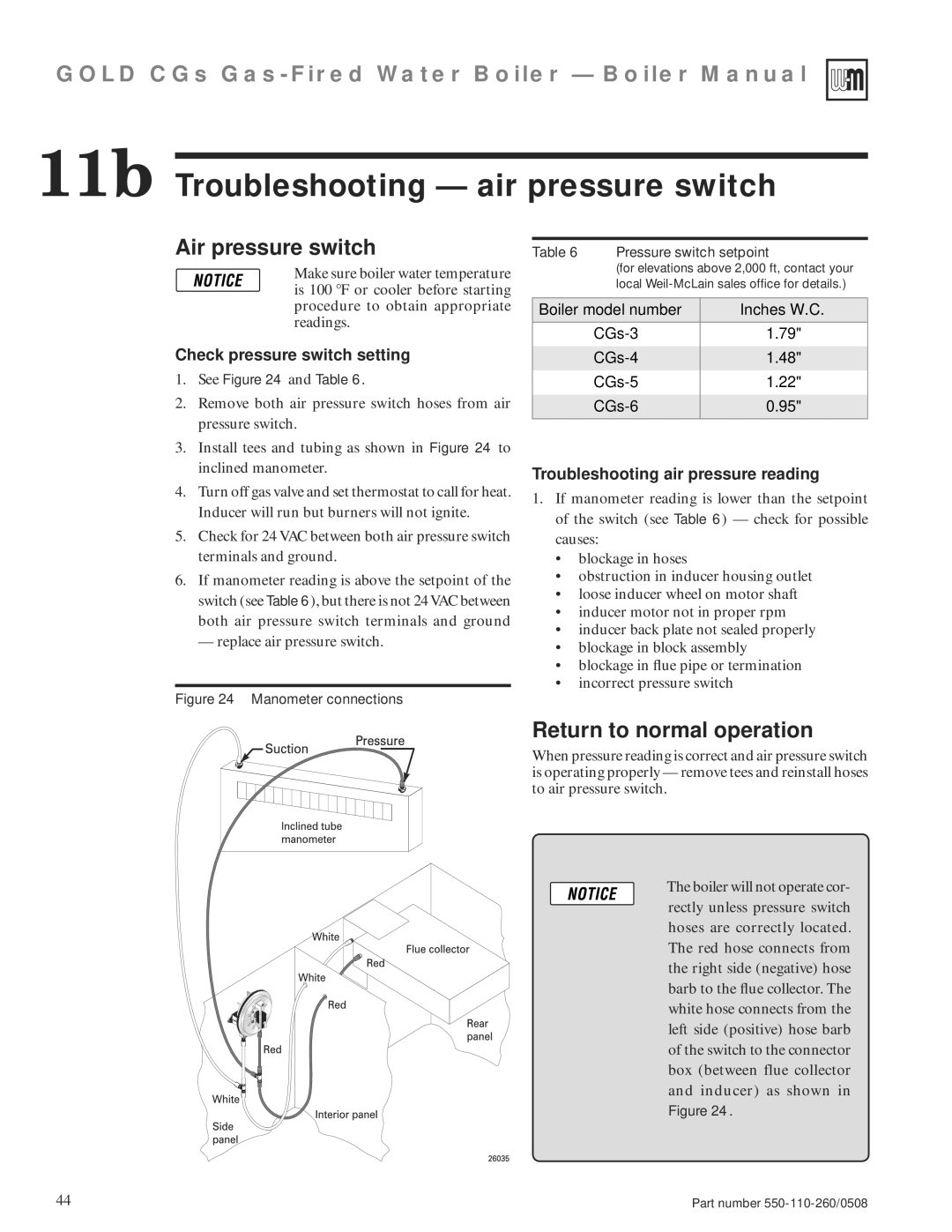 Weil-McLain 550-110-260/0508 11b Troubleshooting air pressure switch, Air pressure switch, Return to normal operation 