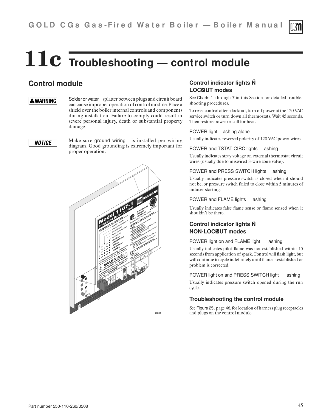 Weil-McLain 550-110-260/0508 11c Troubleshooting control module, Control module, Control indicator lights Lockout modes 