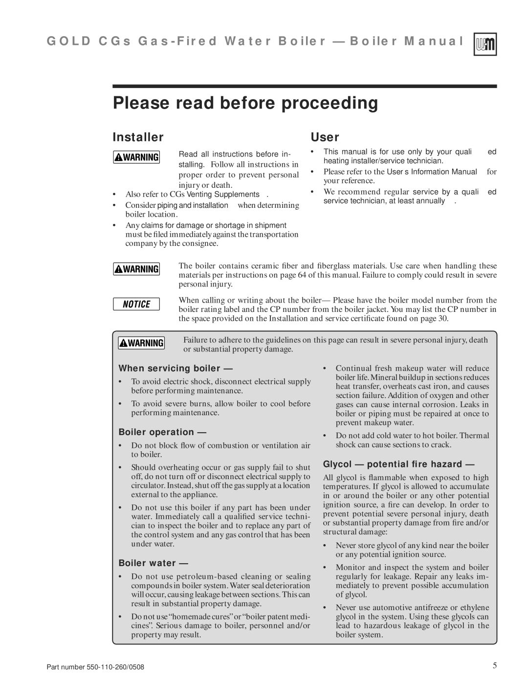 Weil-McLain 550-110-260/0508 manual Please read before proceeding, Installer, User 