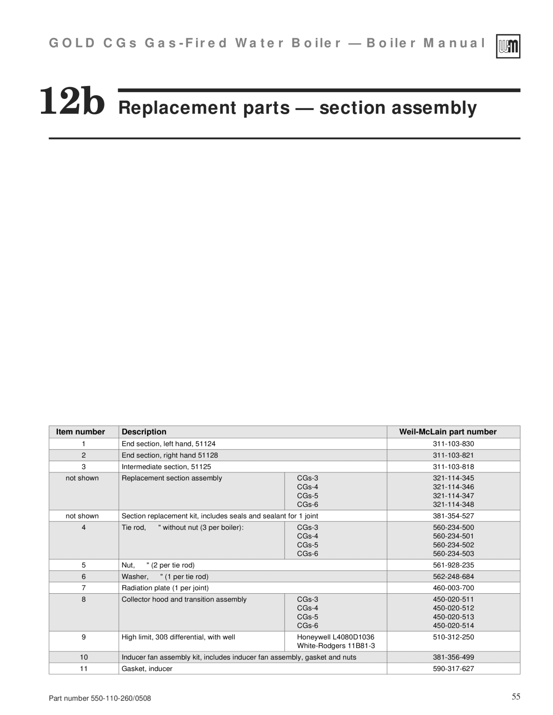 Weil-McLain 550-110-260/0508 manual 12b Replacement parts section assembly, Item number Description Weil-McLain part number 