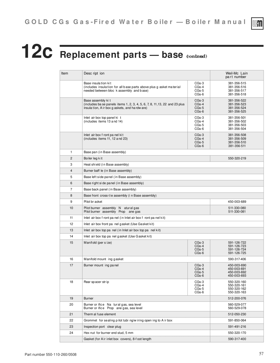 Weil-McLain 550-110-260/0508 manual 12c Replacement parts base, Description Weil-McLain Part number 