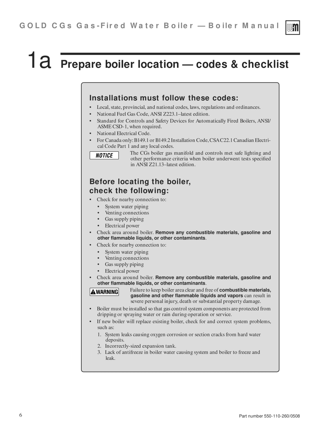 Weil-McLain 550-110-260/0508 manual 1a Prepare boiler location codes & checklist, Installations must follow these codes 