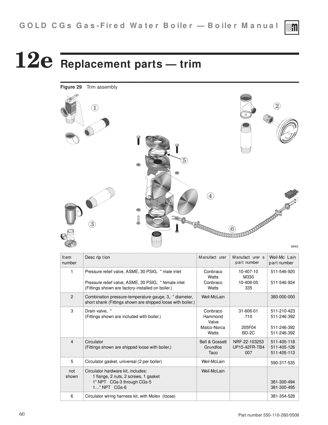 Weil-McLain 550-110-260/0508 manual 12e Replacement parts trim, Part number 