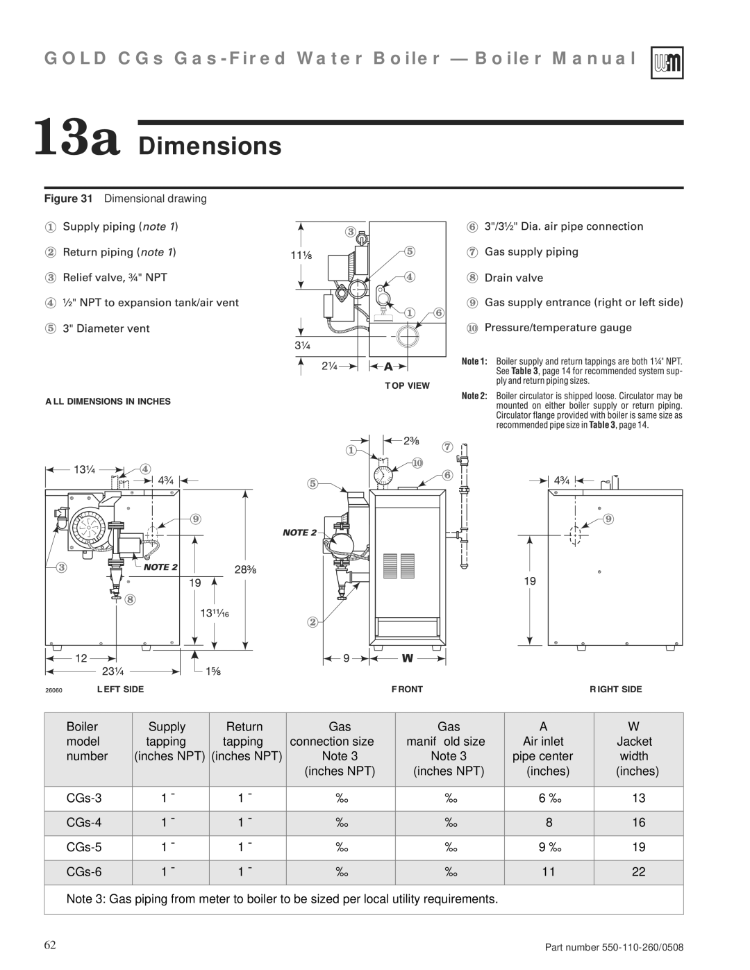 Weil-McLain 550-110-260/0508 manual 13a Dimensions, Dimensional drawing 