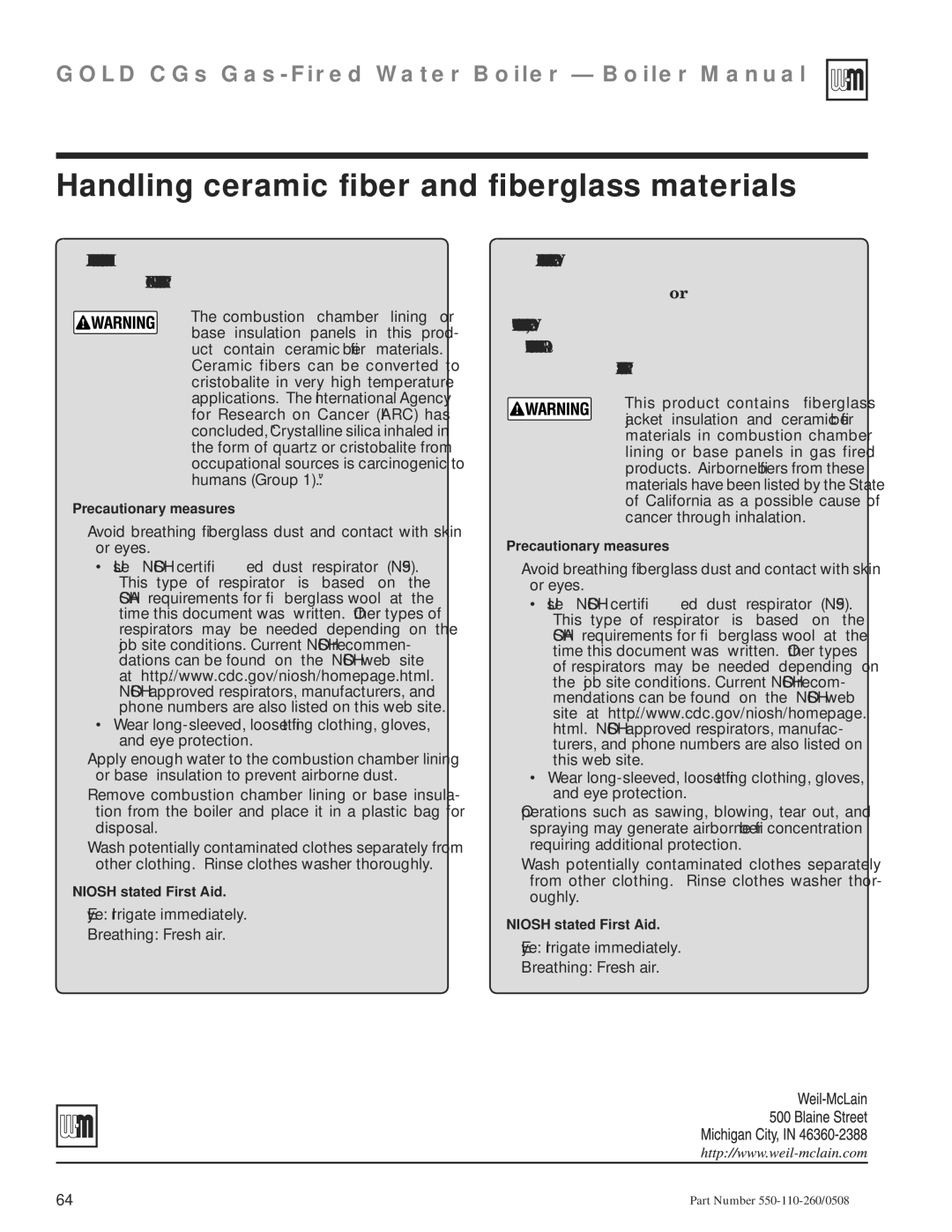 Weil-McLain 550-110-260/0508 manual Handling ceramic ﬁber and ﬁberglass materials 