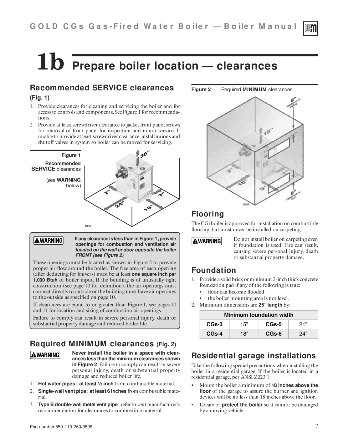 Weil-McLain 550-110-260/0508 manual 1b Prepare boiler location clearances 