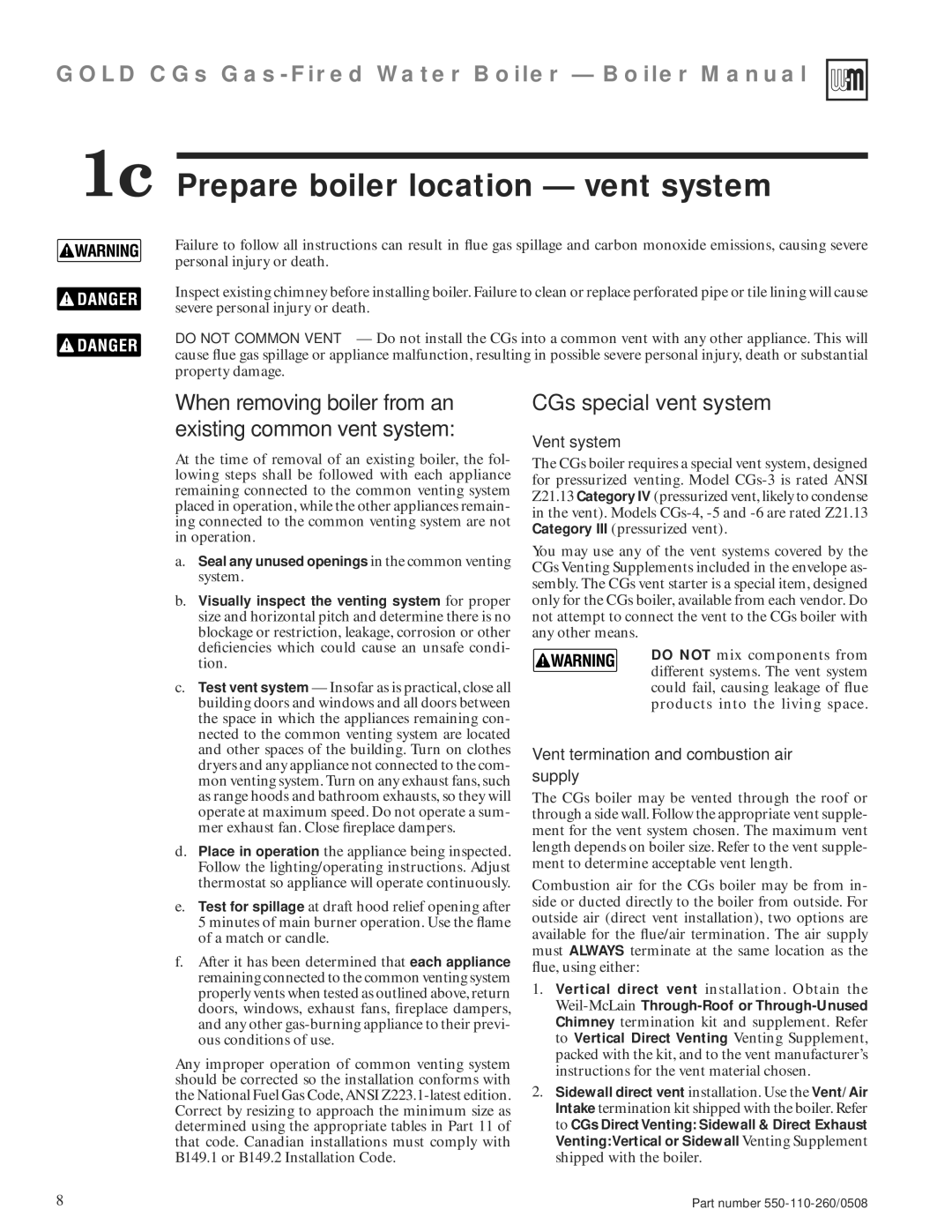 Weil-McLain 550-110-260/0508 manual 1c Prepare boiler location vent system, CGs special vent system, Vent system 