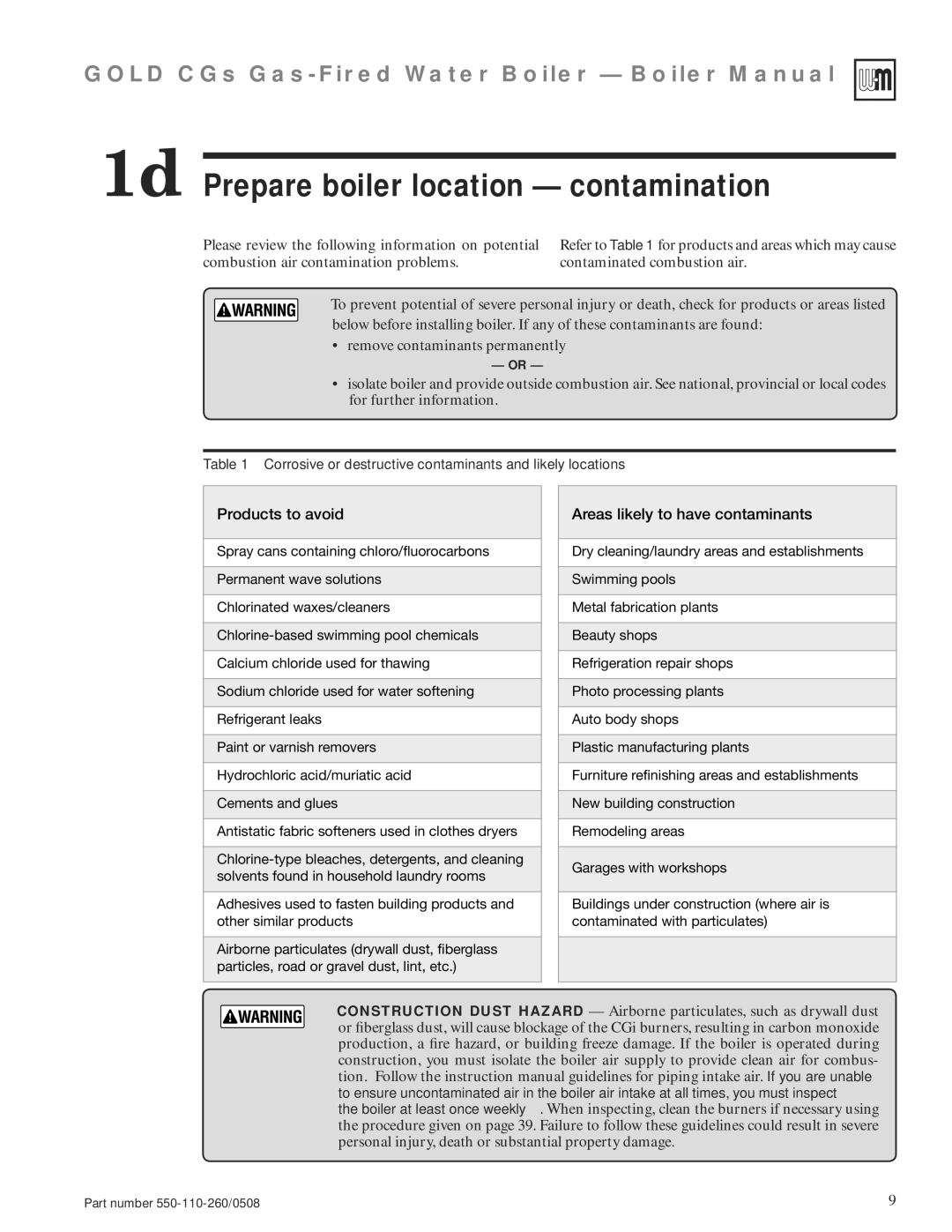 Weil-McLain 550-110-260/0508 manual 1d Prepare boiler location contamination, Products to avoid 