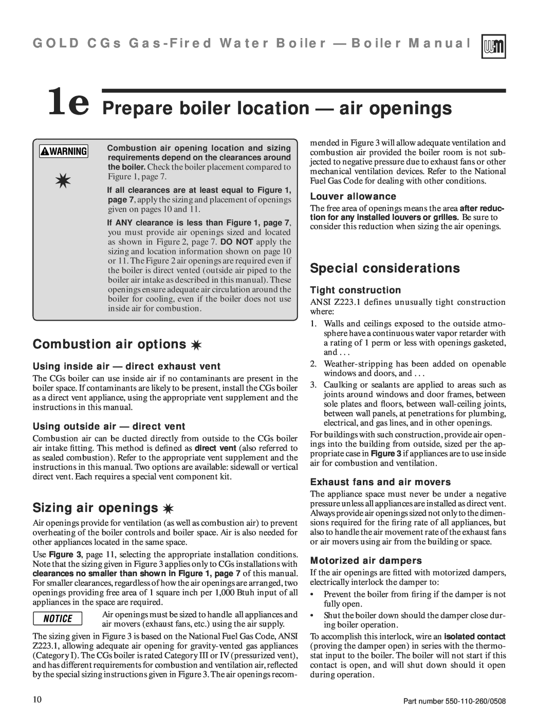 Weil-McLain 550-110-260/0508 manual 1e Prepare boiler location — air openings, Combustion air options, Sizing air openings 