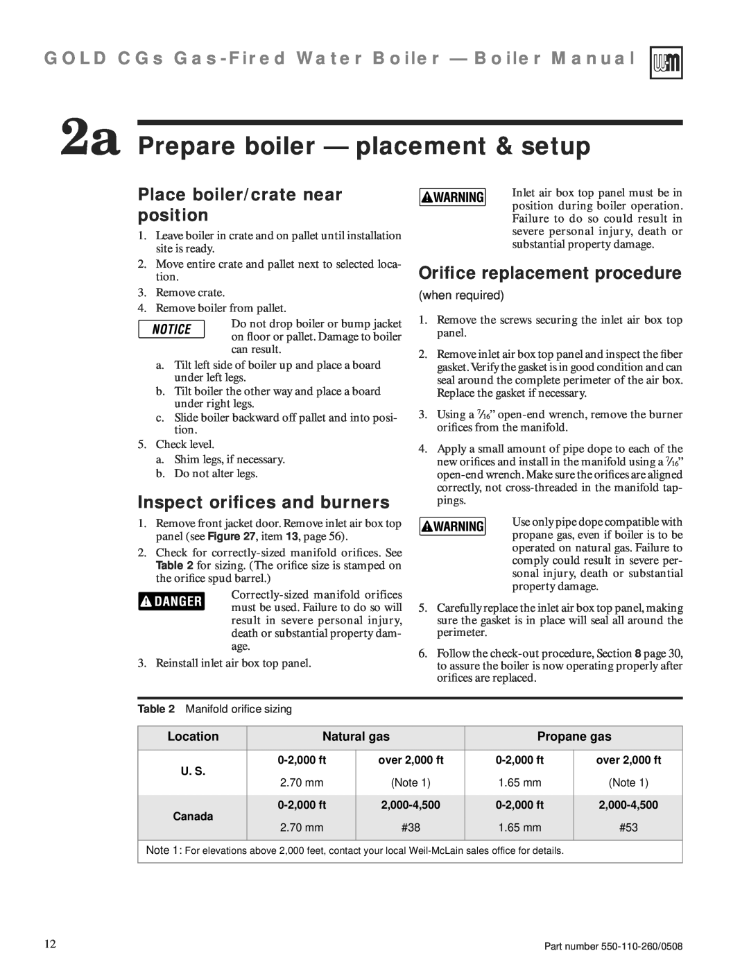 Weil-McLain 550-110-260/0508 manual 2a Prepare boiler — placement & setup, Place boiler/crate near position, Location 