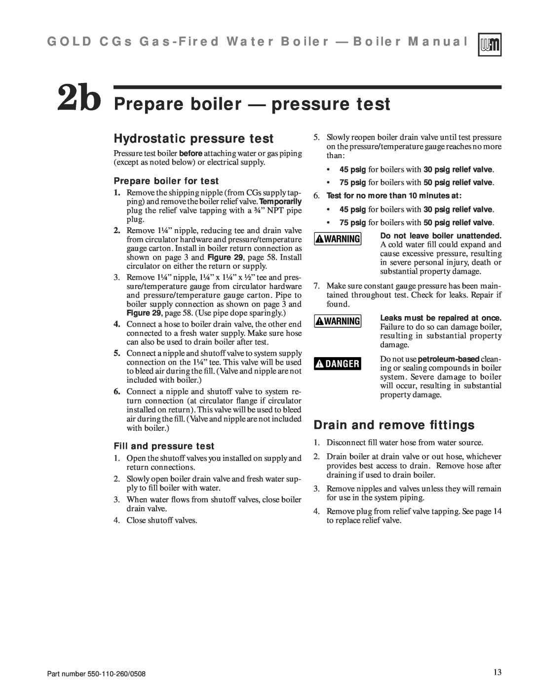 Weil-McLain 550-110-260/0508 manual 2b Prepare boiler — pressure test, Hydrostatic pressure test, Drain and remove ﬁttings 