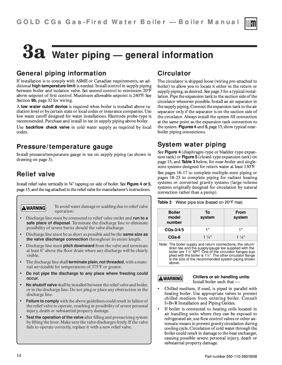 Weil-McLain 550-110-260/0508 3a Water piping — general information, General piping information, Circulator, Relief valve 