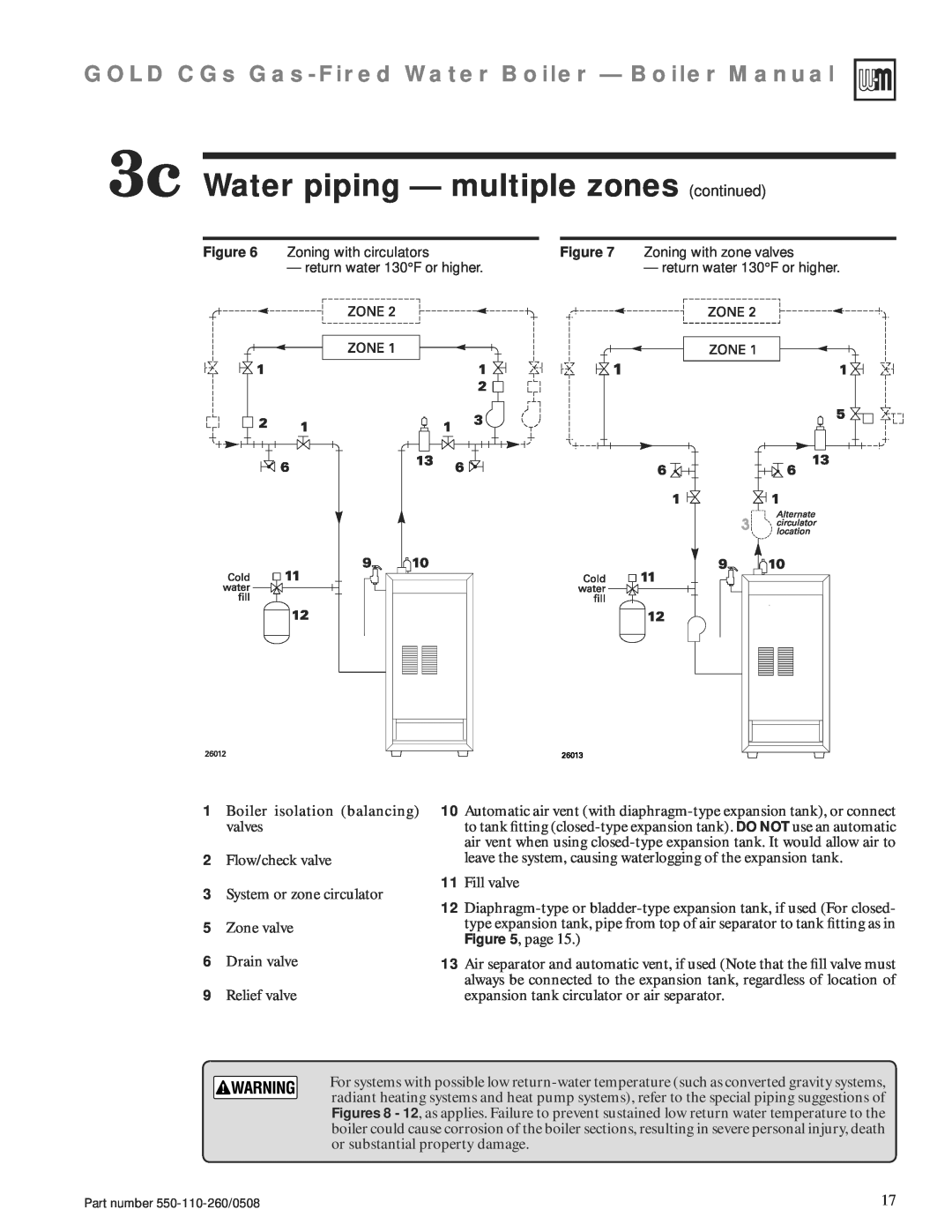 Weil-McLain 550-110-260/0508 3c Water piping — multiple zones continued, GOLD CGs Gas-FiredWater Boiler — Boiler Manual 