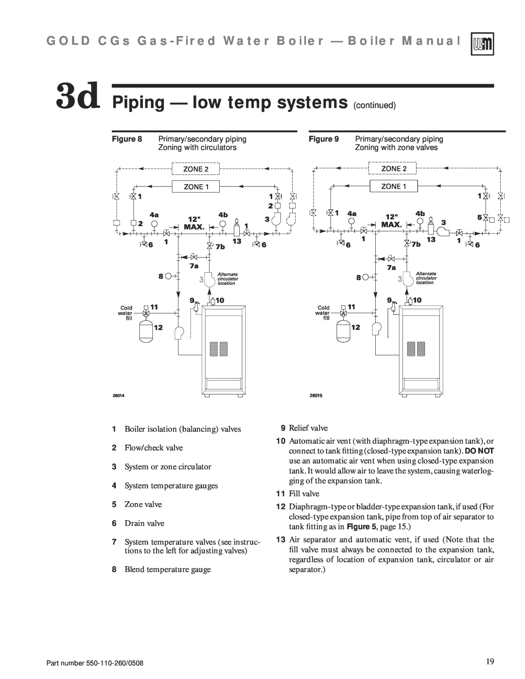 Weil-McLain 550-110-260/0508 manual 3d Piping — low temp systems continued, GOLD CGs Gas-FiredWater Boiler — Boiler Manual 
