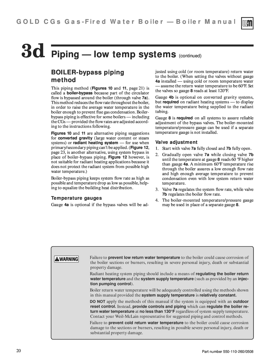Weil-McLain 550-110-260/0508 manual BOILER-bypasspiping method, 3d Piping — low temp systems continued, Temperature gauges 