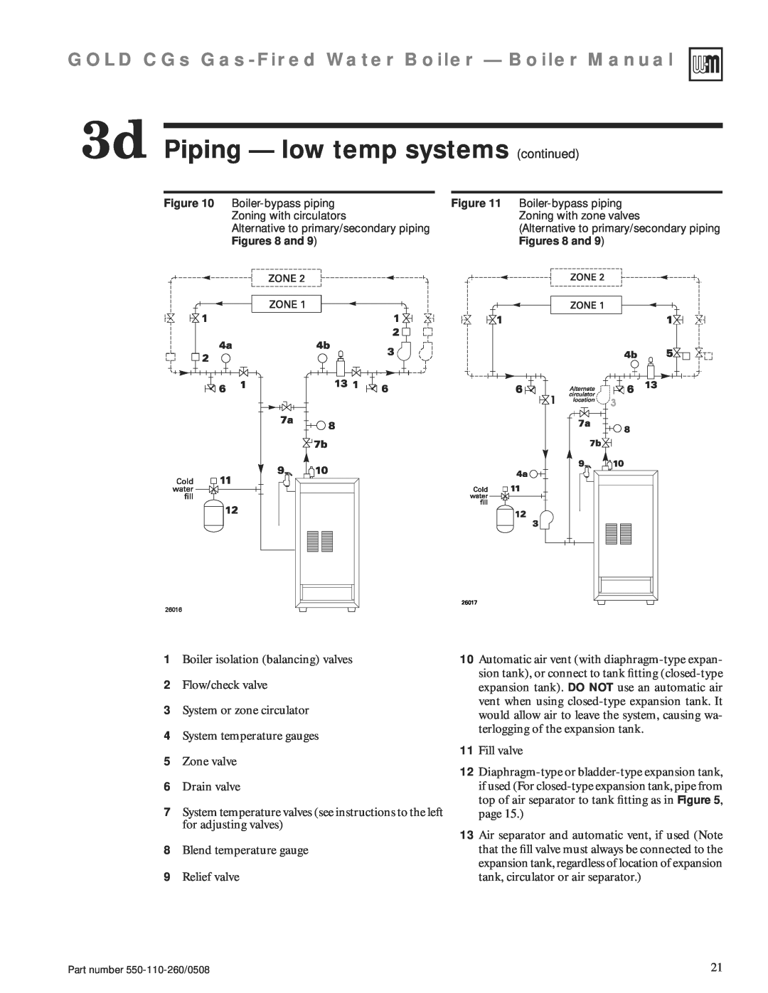 Weil-McLain 550-110-260/0508 manual 3d Piping — low temp systems continued, GOLD CGs Gas-FiredWater Boiler — Boiler Manual 