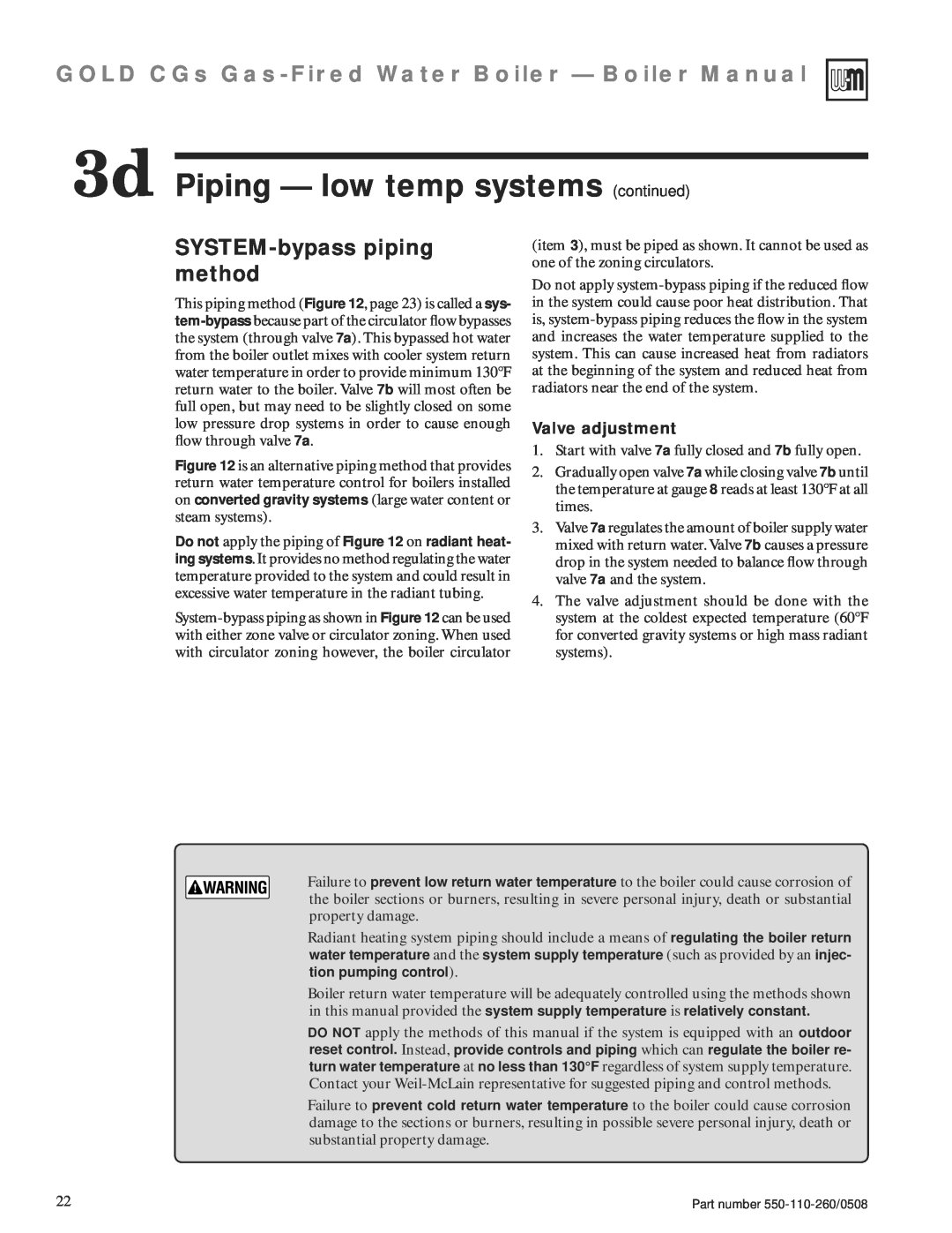 Weil-McLain 550-110-260/0508 manual SYSTEM-bypasspiping method, 3d Piping — low temp systems continued, Valve adjustment 