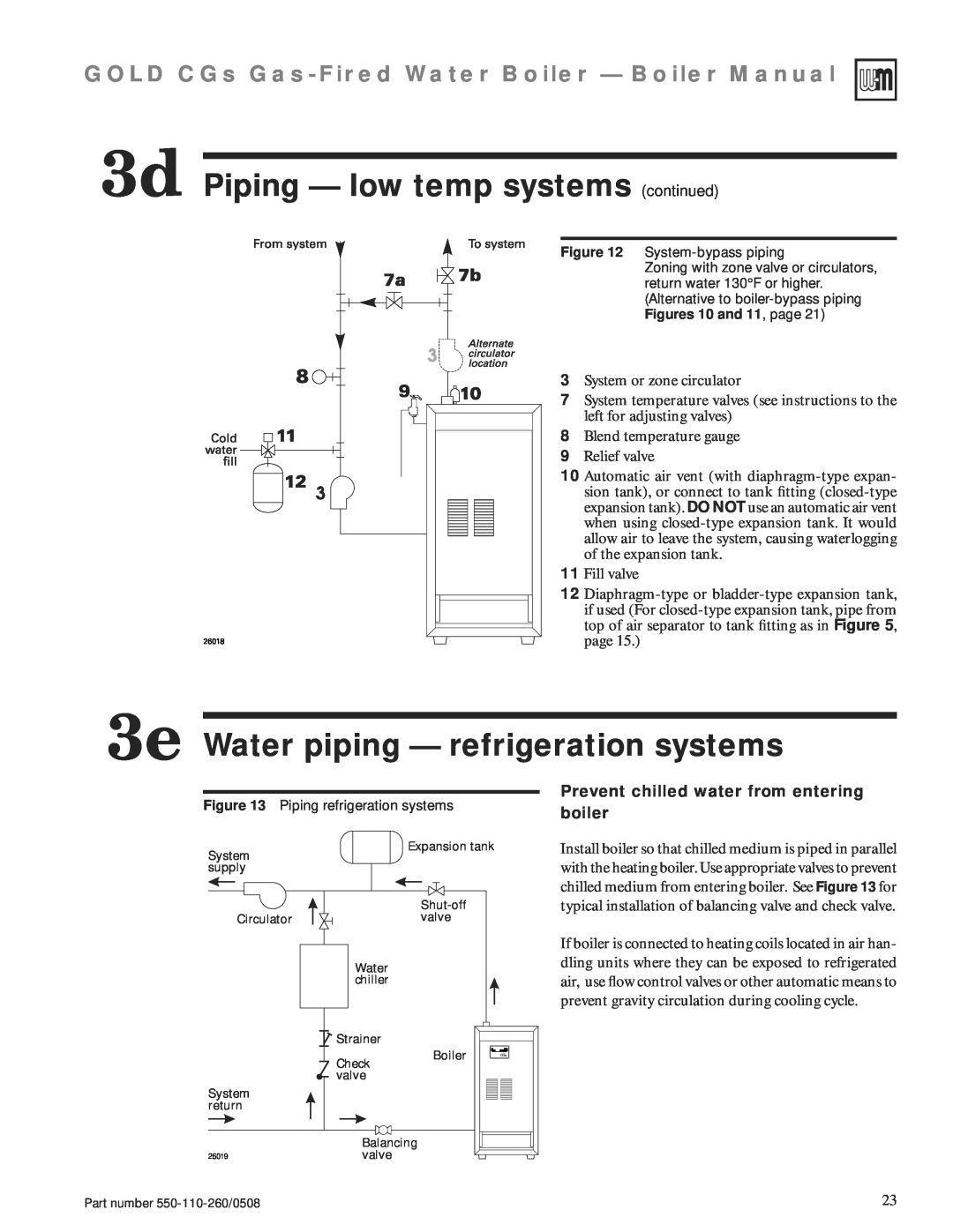 Weil-McLain 550-110-260/0508 manual 3e Water piping — refrigeration systems, 3d Piping — low temp systems continued, boiler 