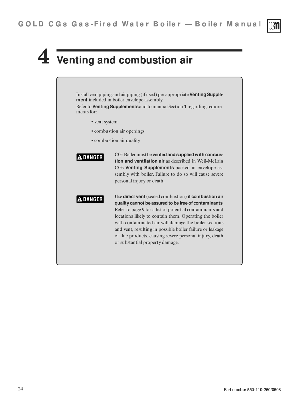 Weil-McLain 550-110-260/0508 manual Venting and combustion air, GOLD CGs Gas-FiredWater Boiler — Boiler Manual 