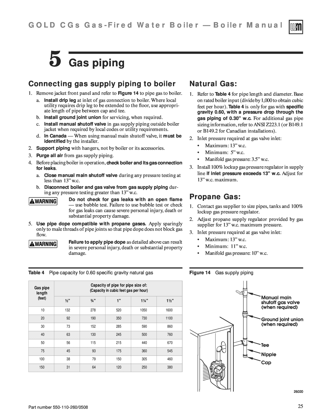 Weil-McLain 550-110-260/0508 manual Gas piping, Connecting gas supply piping to boiler, Natural Gas, Propane Gas 