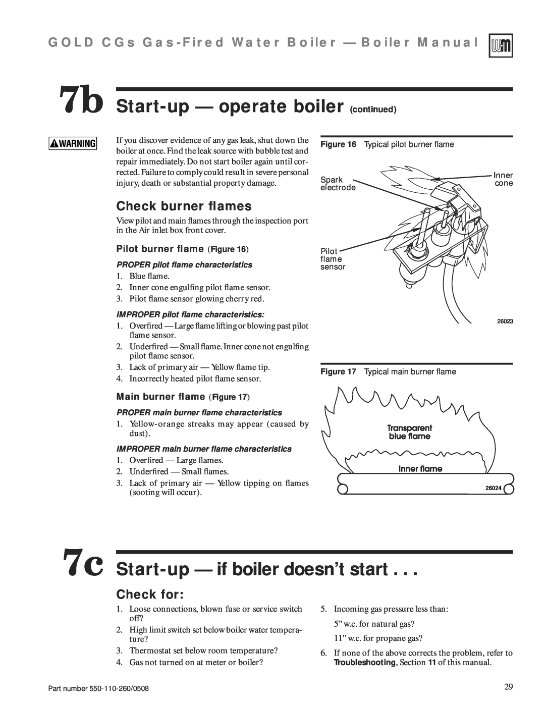 Weil-McLain 550-110-260/0508 manual 7b Start-up- operate boiler continued, 7c Start-up— if boiler doesn’t start, Check for 