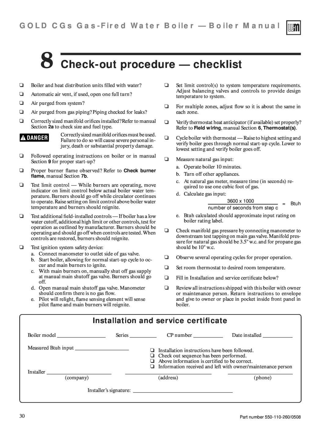 Weil-McLain 550-110-260/0508 manual Check-outprocedure — checklist, Installation and service certiﬁcate 