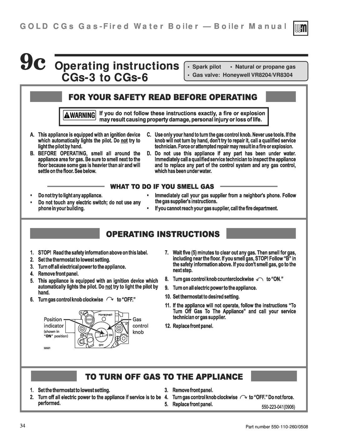 Weil-McLain 550-110-260/0508 manual 9c Operating instructions CGs-3to CGs-6, GOLD CGs Gas-FiredWater Boiler — Boiler Manual 