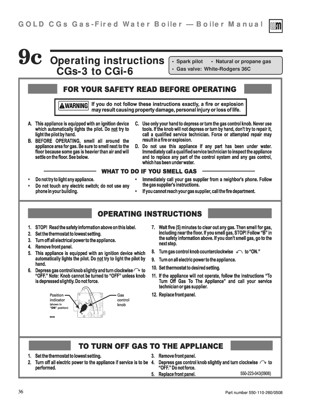 Weil-McLain 550-110-260/0508 manual 9c Operating instructions CGs-3to CGi-6, GOLD CGs Gas-FiredWater Boiler — Boiler Manual 