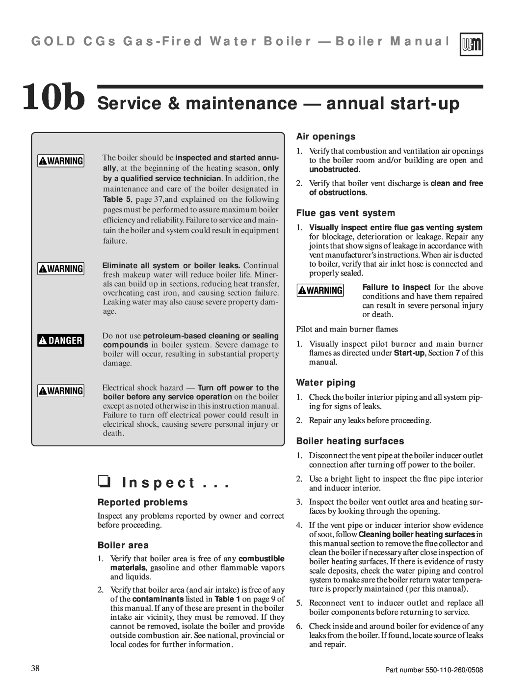 Weil-McLain 550-110-260/0508 manual 10b Service & maintenance - annual start-up, Inspect, Reported problems, Boiler area 