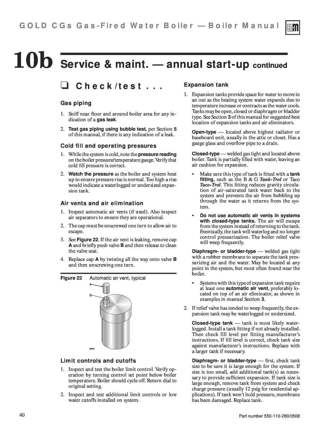 Weil-McLain 550-110-260/0508 10b Service & maint. — annual start-up continued, Check/test, Gas piping, Expansion tank 