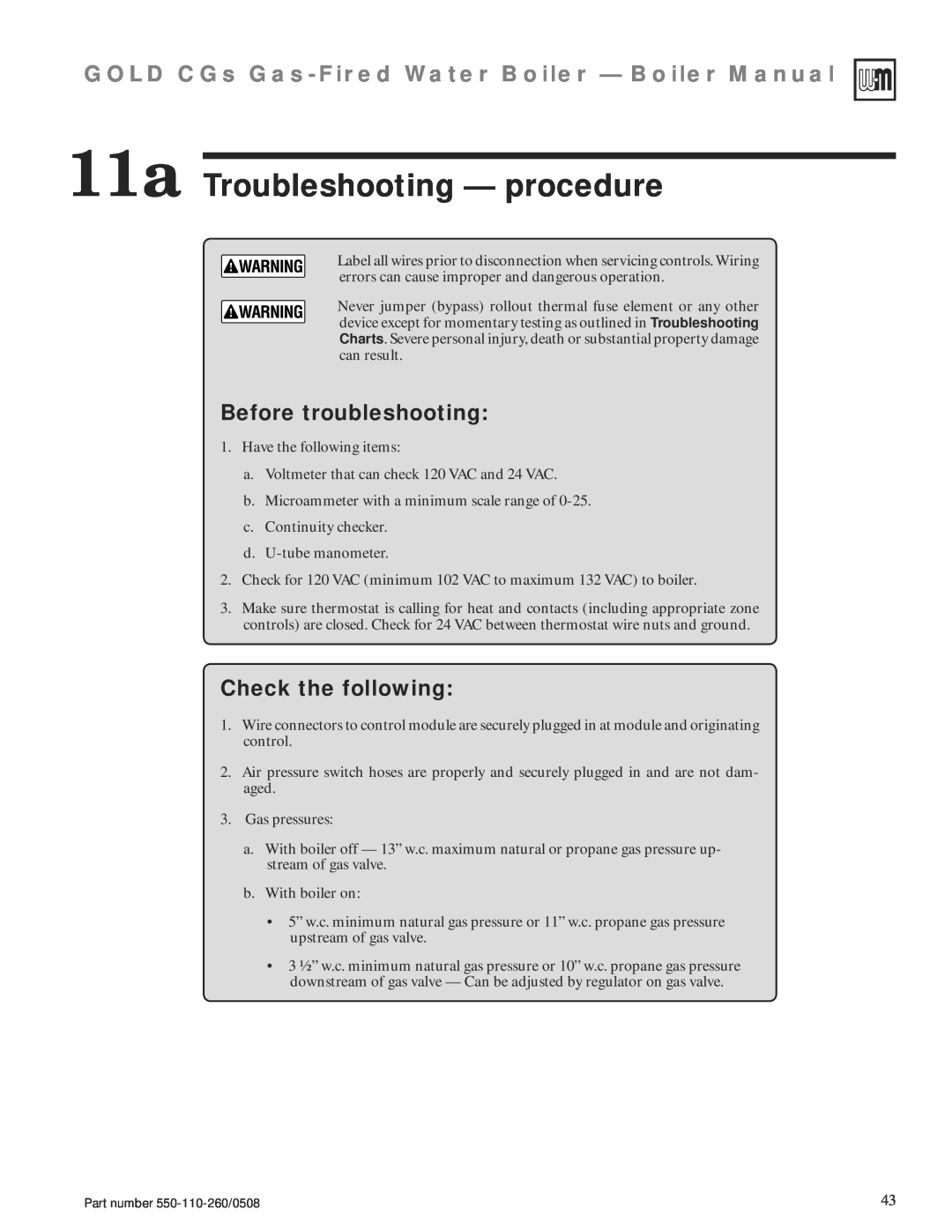 Weil-McLain 550-110-260/0508 manual 11a Troubleshooting — procedure, Before troubleshooting, Check the following 