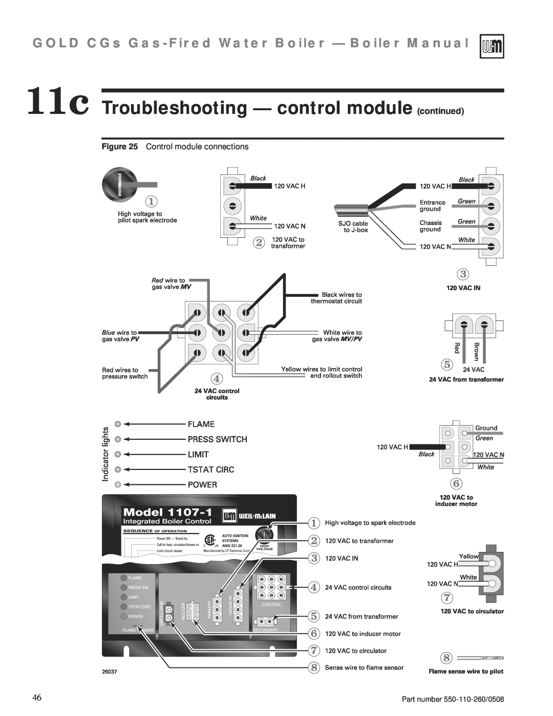 Weil-McLain 550-110-260/0508 manual 11c Troubleshooting - control module continued, Control module connections 
